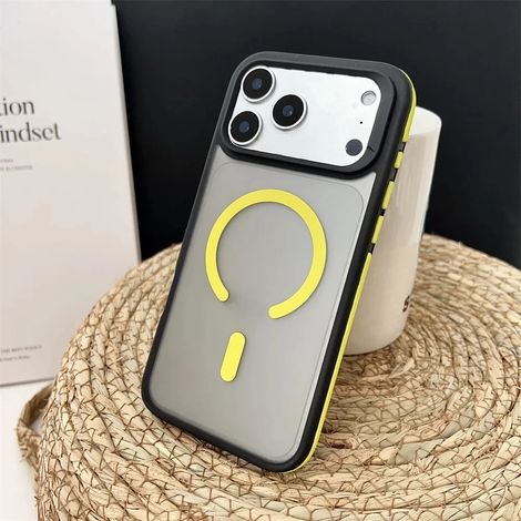 (Jaune, iPhone 12) Étui de téléphone élégant avec cadre magnétique givré antidérapant, compatible MagSafe.