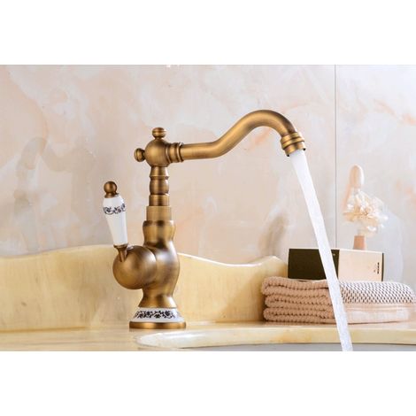 Robinet de lavabo vintage à levier unique, robinet de salle de bain en céramique à levier, robinet de cuisine (laiton antique, court) (1/5)