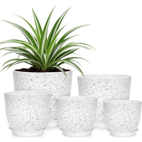 5er Blumentopf Set mit Untersetzer, Kunststoff, Weiß mit Sprenkeln, verschiedene Größen (1/5)