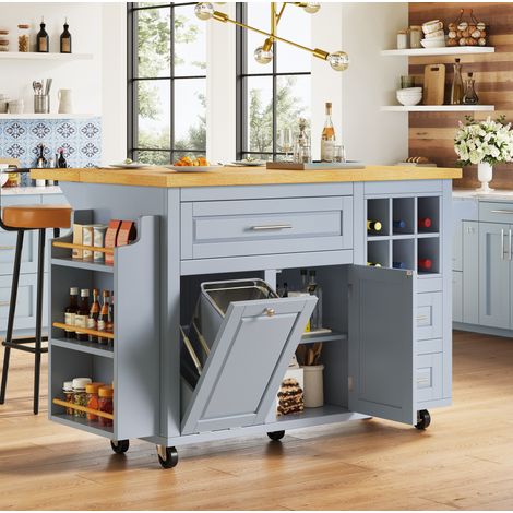 Carro de cocina 143x75x91 cm azul en MDF con encimera abatible, cajones, botellero extraíble y ruedas (1/5)