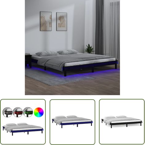 The Living Store Cadre de lit à LED sans matelas noir 200x200 cm bois massif - Cadre De Lit - Lit Double - Meuble De Chambre - Luminaire Led - Bois Massif (1/5)