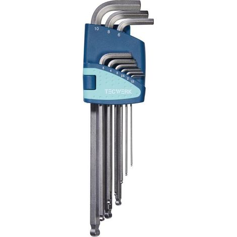 Winkelschraubendrehersatz 9-tlg.Ku.-Halter SW 1,5-10mm lang Kugelk.TECWERKSet de tournevis coudés 9 pièces support plastique SW 1,5-10mm long tête sphérique TECWERK (1/4)