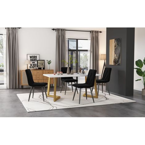 Table de salle à manger rectangulaire design noir et doré, lot de 4 fauteuils en velours côtelé
