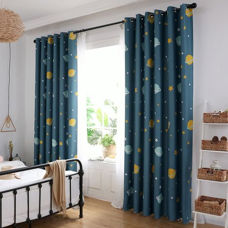 Rideaux en polyester à motif de planètes bleues de dessin animé, occultants, pour chambre ou salon (1 pièce) (1/5)