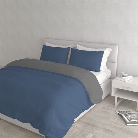 Parure Housse de Couette 100% Coton Naturel, fabriquée en Italie, Housse de Couette 250 x 200 cm avec Double Rabat et taies d'oreiller, Double, Avio/Gris foncé (1/5)
