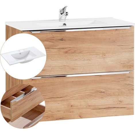 Waschtisch-Unterschrank 80cm mit Keramik-Waschbecken TOSKANA-56 Wotaneiche, B/H/T ca. 81/58,5/46 cm (1/5)