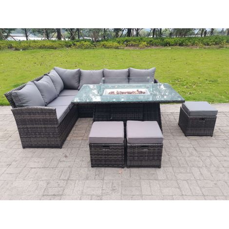 Fimous Hoher Rücken Gartenmöbel-Set Sofa Gas Feuertisch Sets Gasheizung 9 Sitzer 3 Kleine Hockern (1/4)