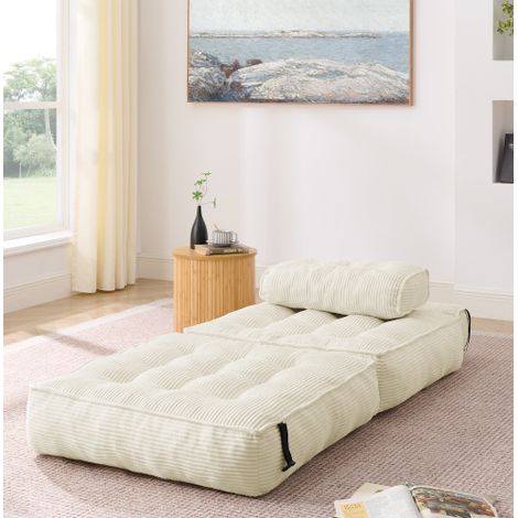 Fauteuil au sol pliable 2-en-1 en velours côtelé, dimensions 85x85x85cm (195x85x25cm en mode lit), canapé à dossier réglable, lit d'appoint polyvalent pour salon et chambre, Beige (1/5)