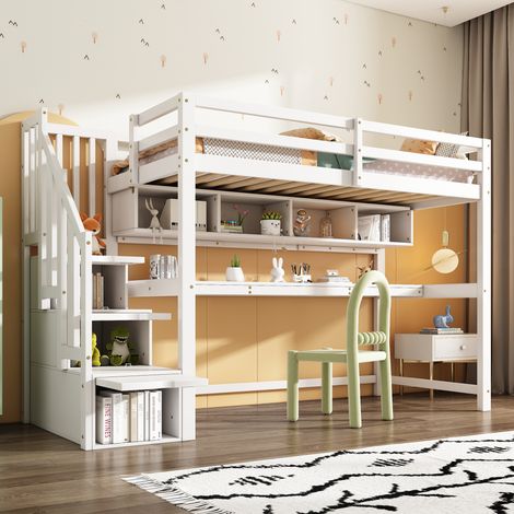 Lit mezzanine pour enfants avec escaliers de rangement 90200cm,bois massif + MDF,lit superposé,lit lit avec grand bureau et étagères,couleurs s,blanc