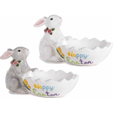 Contenitori in ceramica a forma di uovo pasquale con scritta Happy Easter e coniglietto di Pasqua con decori, set da 4 pezzi, cm 18,5 x 11 x 10,5 H