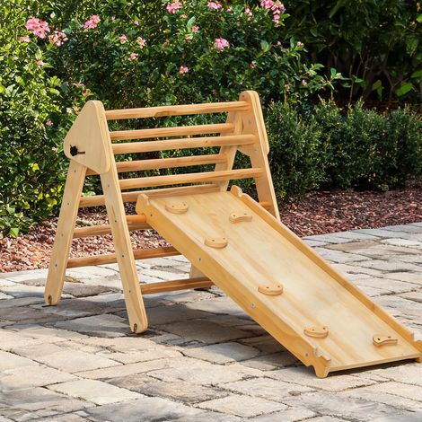 Triangle d'escalade 3 en 1 en bois toboggan ajustable pin naturel (1/5)