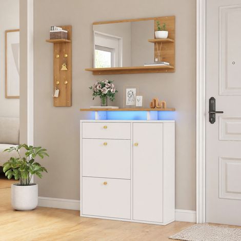 Mueble zapatero recibidor con espejo y perchero blanco OKMYHOME (1/5)