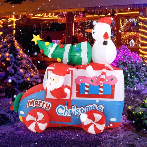 GOPLUS Père Noël Gonflable sur Véhicule, Père Noël et Bonhomme de Neige sur Camion Noel Gonflable, Décoration Noël Exterieur Gonflable avec 5 Lumières LED, Ventilateur Intégré, 6 Piquets,2 Cordes (1/5)