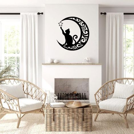 Décoration murale suspendue en métal représentant de mignons chats noirs et la lune, idéale pour les fenêtres, les portes et les cheminées. (1/5)