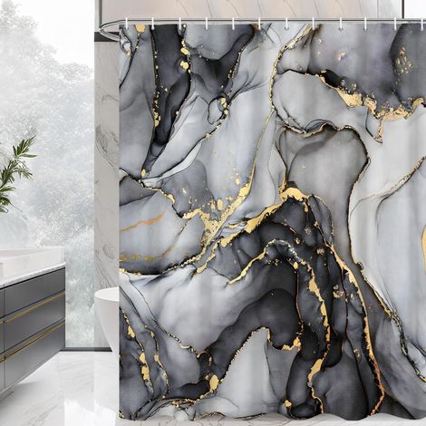 Rideau de Douche, 120x200cm, Ombre Noir avec Or Art Abstrait Moderne Marbre Tissu Imperméable Rideau de Salle de Bain Lavable en Machine avec Crochets (1/5)