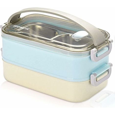 Fiambrera térmica portátil de acero inoxidable de 2 capas, contenedor de alimentos aislado para la escuela y la oficina, 1.6 L, azul (1/5)