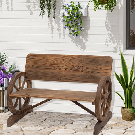 Banc de jardin 3 places, style rustique chic, accoudoirs en bois, roues de charrette, sapin traité par carbonisation (1/5)