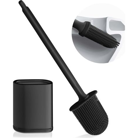 Brosse WC Silicone, Brosse de Toilette avec Supports à Séchage Rapide, Poils TPR Tête Plate Flexible, Murale et au Sol, Brosse Toilettes WC Set pour Salle de Bain (1/5)