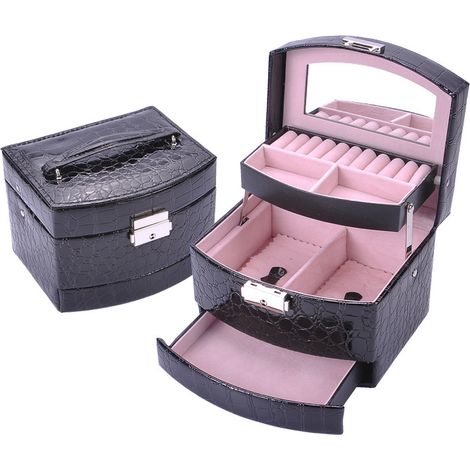 Boîte à bijoux pour femme, boîte à bijoux de voyage portable en cuir verrouillable à 3 niveaux avec miroir et serrure pour filles, bague, boucles d'oreilles, collier(noir) (1/5)