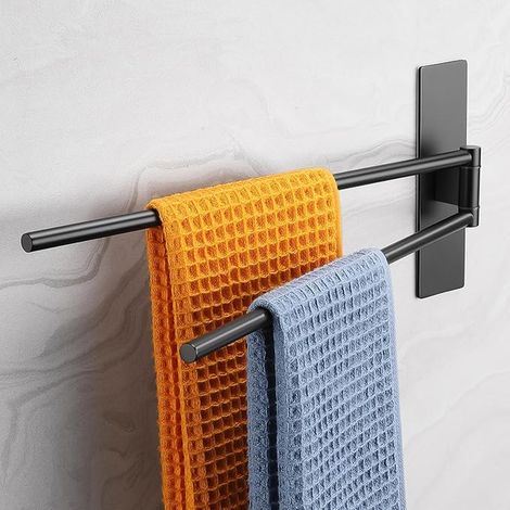 Self Adhesive Towel Rack Swivel 180° 2 Arm Stainless Steel Wall Mounted for Bathroom Kitchen Black (1/5)