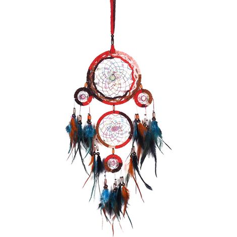 Dream Catcher - 5-Ring Handmade Wall Decoration with Wooden Beads and Feathers - Indoor Outdoor Bohemian Home Decor - 16 cm Diameter - 73 cm Total Length - 1 Piece (1/5)