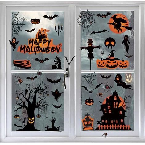 Halloween-Aufkleber für Fenster – Innen- und Außenwanddekoration mit Kürbis, Fledermaus, Hexe und Schloss