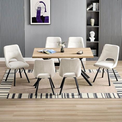Ensemble table à manger - WAFTING - 140x80cm - 6 chaises pivotantes 360° - Beige aspect bois - Style scandinave (1/5)