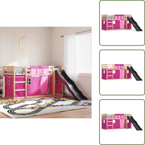 Lit superposé sans matelas avec toboggan et rideaux 90x190 cm - Lit Superpose - Lit Enfantine - Lit Design - Lit Bois - Lit Avec Toboggan