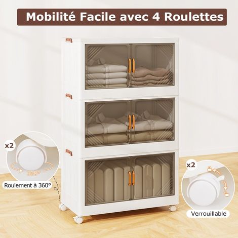 Conteneurs de rangement empilables avec roues et portes pour chambre - blanc, 3 niveaux (1/5)