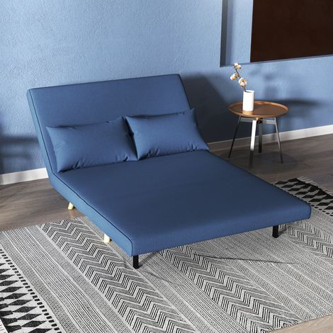 Sofá Cama de 2 Plazas Tapizado Tipo Lino con Respaldo Ajustable en 5 Posiciones y 2 Almohadas 120x75x85 cm Azul Oscuro (1/5)