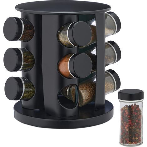 Tourniquet à épices avec 12 Pots en Verre, Rotatif, Embouts tamiseur, remplir, pour la Cuisine, Noir (1/5)