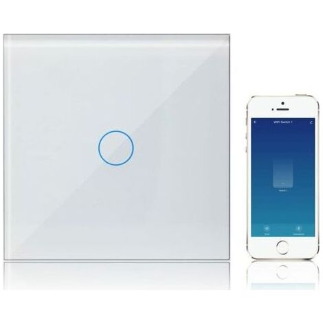Interrupteur WIFI Connecté Alexa Google Assistant Smart Life Compatible, Mural Interrupteur Tactile 1 Gang 1 Voies Blanc Panneau en Verre Trempé (1/4)