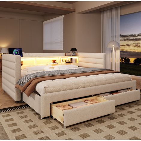 Letto daybed moderno in velluto beige 90x190 cm, estraibile con LED, USB-C, 2 cassetti e vani contenitore