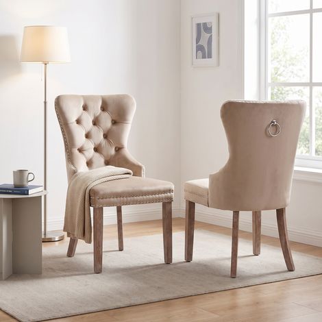 Lot de 2 chaises de salle à manger, chaises rembourrées en velours avec anneau et clous, pieds en bois massif, style vintage, Beige (1/5)