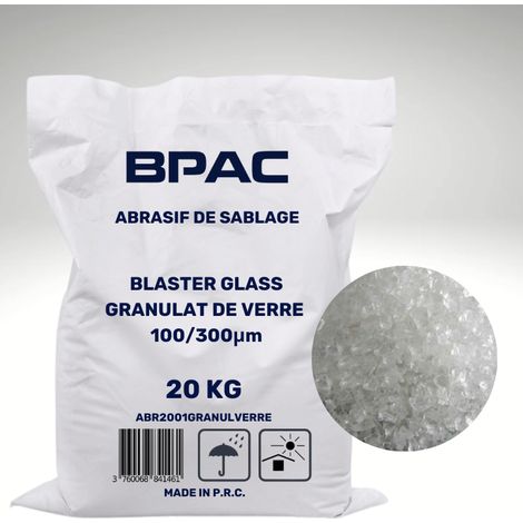 Bpac – Abrasif de granulat de verre 20 kg – Granulométrie 100-300 microns – Pour cabine de sablage et sableuse mobile – Recyclable jusqu'à 10 fois