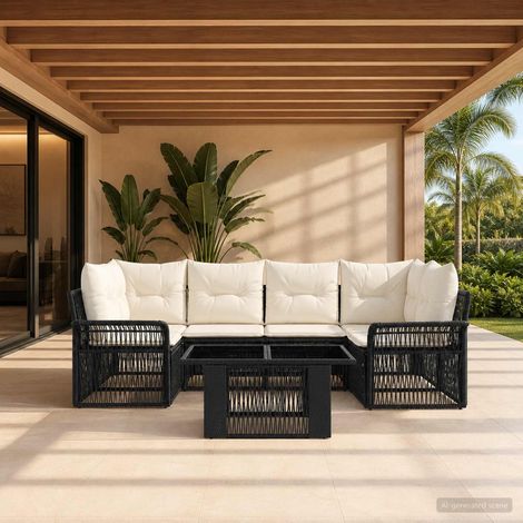 vidaXL Ensemble de canapé de jardin 7 pc Noir et blanc crème polyrotin (1/5)