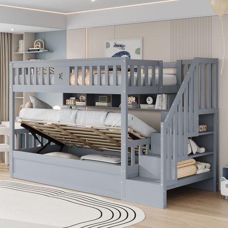 Letto a castello 90x200 cm con letto inferiore idraulico, ripiani, scala contenitore, legno grigio (1/5)