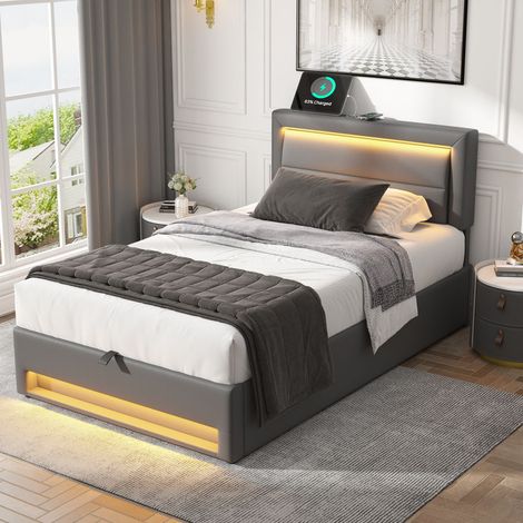 Lit simple 90x190 cm en pu avec USB et éclairage LED,lit coffre avec espace de stockage et sommier à lattes pour enfant/adulte,gris (1/5)