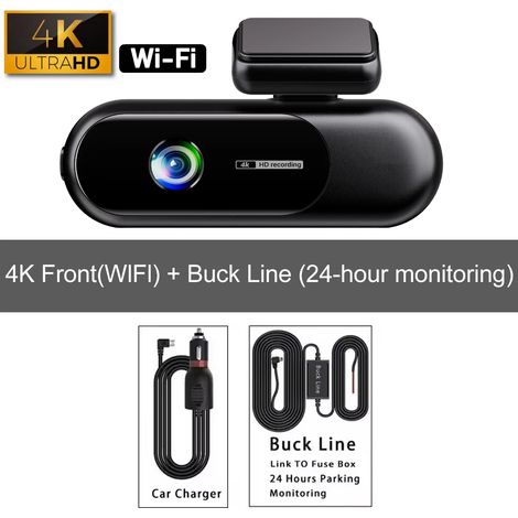 Caméra embarquée de voiture avec Wi-Fi et double écran 4K + 1080p (carte SD 128 Go, kit de câblage frontal). (1/5)