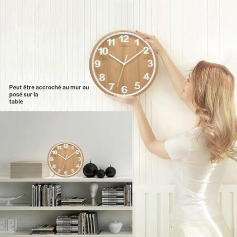 10 Pouces Horloge en Bois Murales Silencieuse de Salon Cuisine Modernes Design Pendules Murales 25cm Horloge à Quartz Suspendue Horloge Murale Horloge de Table Analogique (Bois 2) (1/3)
