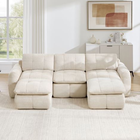Sofá modular en U de 3 plazas, sin estructura, chenilla, 264 x 160 x 68 cm, beige OKMYHOME (1/5)