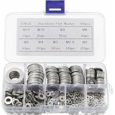 Rondelle Inox avec Boîte de Rangement (Lot de 580) - Assortiment de 9 Tailles M2, M2.5, M3, M4, M5, M6, M8, M10 & M12 - Lot de Rondelles Métal - Réparations, Usines & Décoration Intérieure