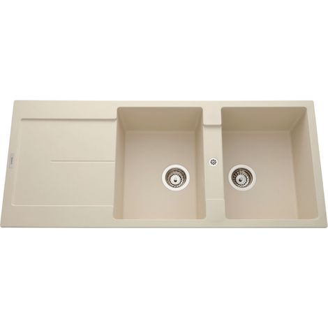Évier granit beige 116x50 cm – 2 bacs réversibles – Évier encastrable avec vidage manuel – Bonde et siphon inclus – Luisina