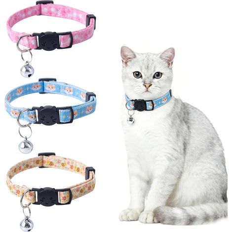 Pack of 3 Cat Collars with Bell and Safety Clasp, Adjustable Cat Collar, 21-31 cm, Cat Collars, Three Different Cute Patterns: Bee, Kittens, Fish