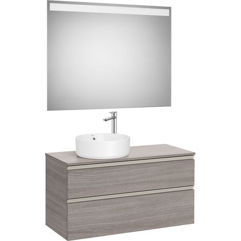 Pack meuble "The gap"1000 pour vasque à gauche - 2 tiroirs + plan + miroir LED - city oak/poignées nickel mat - Roca (1/2)