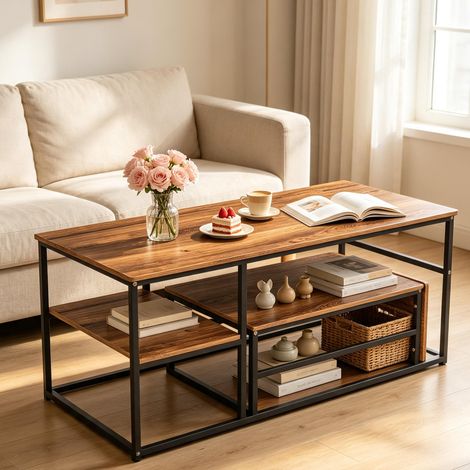 tables basses – Set de 2 tables basses gigognes – plateau marbre blanc – Stable et durable – cadre métal Naturel – 105+52 cm