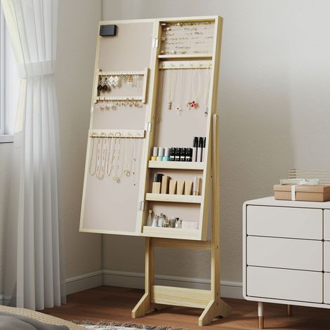 Miroir à bijoux avec lumières LED Armoire pour bijoux Armoire à bijoux sur pied avec miroir entier Angle ajustable Bois naturel (1/5)