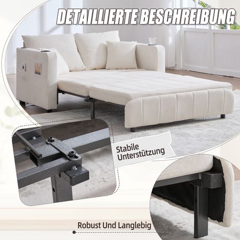Canapé tissu multifonction beige, convertible en lit, clic-clac avec rangements latéraux, ports USB et porte-gobelets, chaleureux et pratique. (1/5)