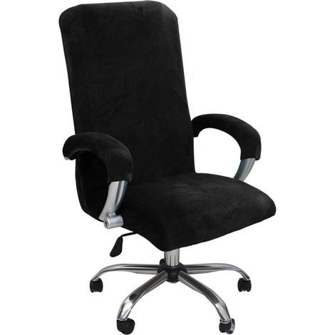 Office Chair Cover with Armrest Plush Velvet Solid Color, Removable and Durable Elastic Fabric Chair Cover for Rotating Office Chair, Black(L)