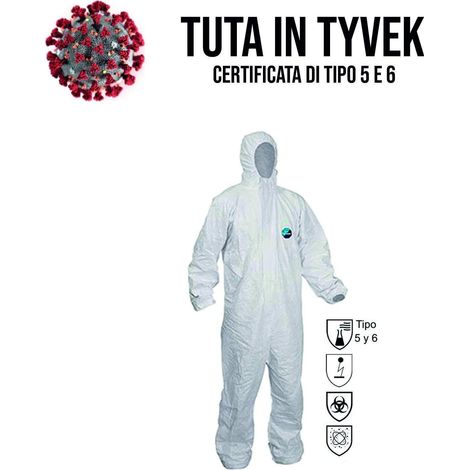 Tuta Monouso bianca cappuccio Certificata EN 14126/04 Rischio biologico 5/6 Modello - Misura "XL"